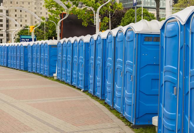 hygienic portable restrooms lined up at a beach party, ensuring guests have access to the necessary facilities while enjoying the sun and sand in Adelphi